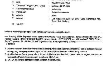 Info Kehilangan STNK Milik Warga Kabupaten Malang