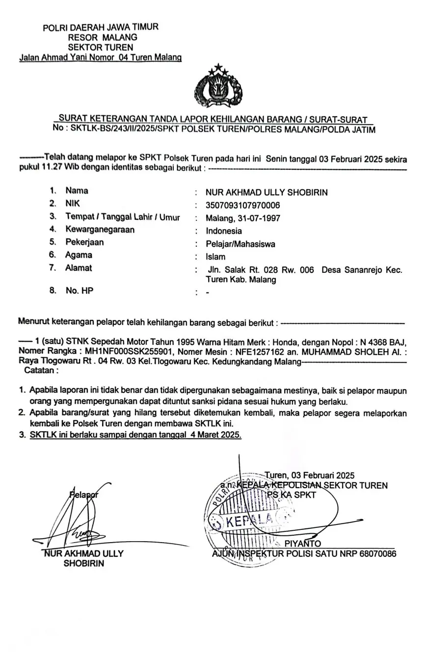 Info Kehilangan STNK Milik Warga Kabupaten Malang