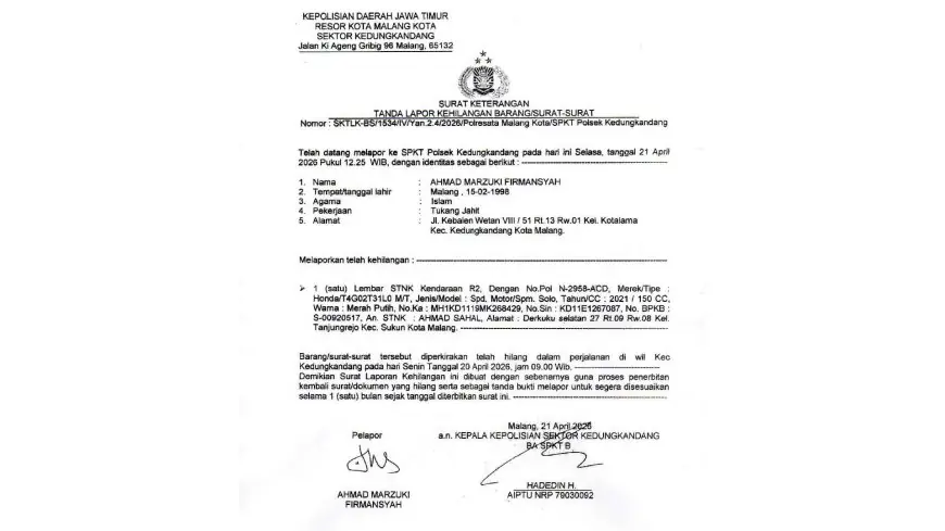Info Kehilangan STNK Milik Warga Kota Malang