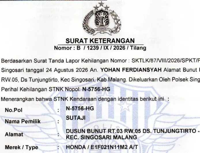 Info Kehilangan STNK Milik Warga Malang