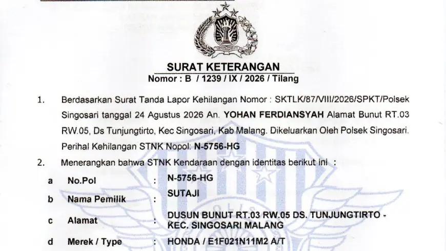 Info Kehilangan STNK Milik Warga Malang